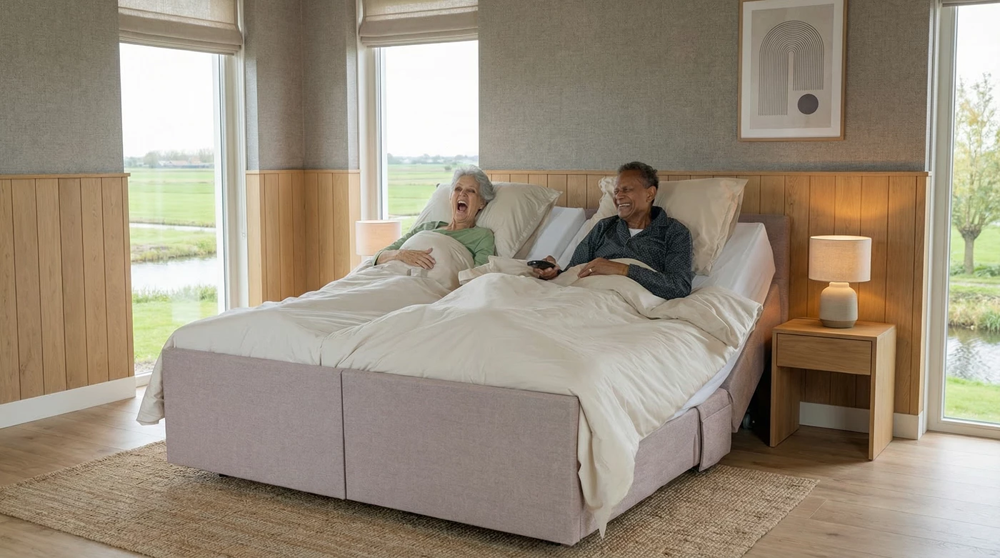 Twee tevreden klanten liggen in een hoog laag boxspring